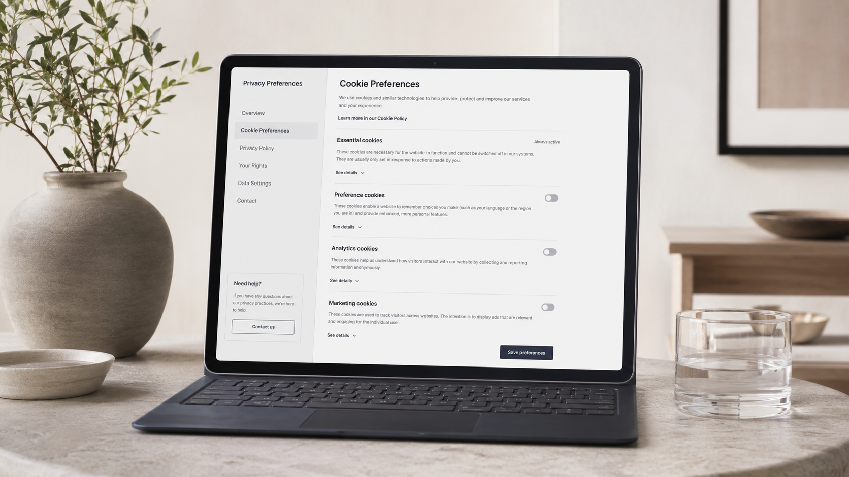 Privacy, sicurezza e governance rappresentati su una scrivania con laptop e dossier.