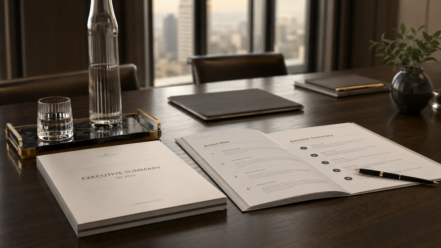 Tavolo riunioni con executive summary e roadmap, pronto per una sintesi decisionale.