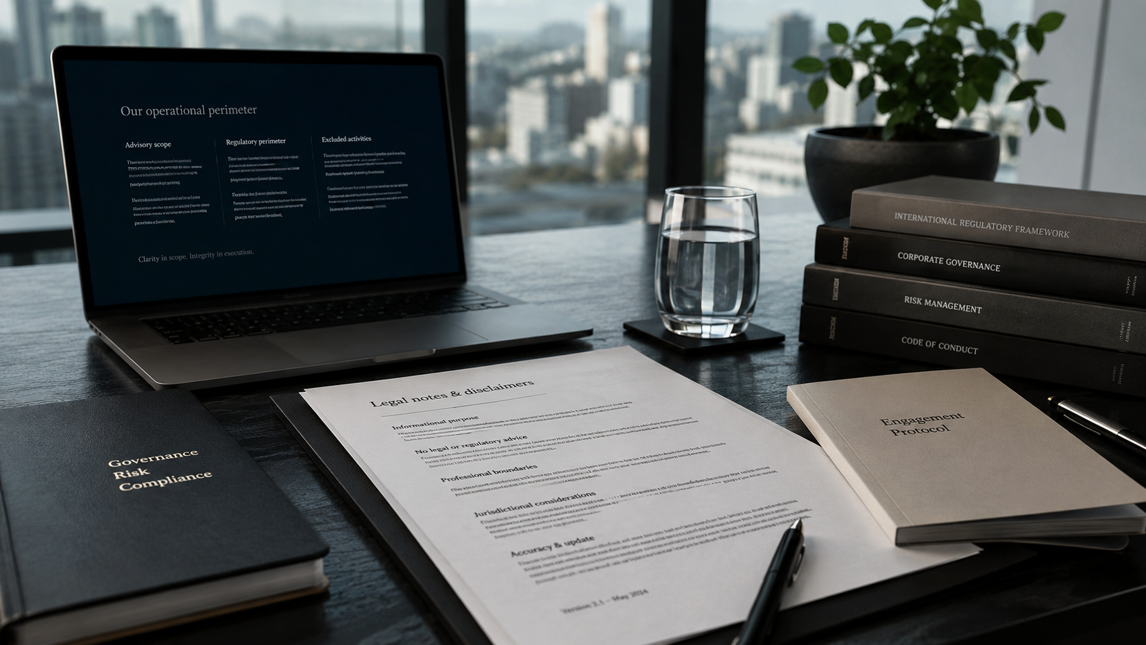Documentazione di compliance e governance su una scrivania direzionale.