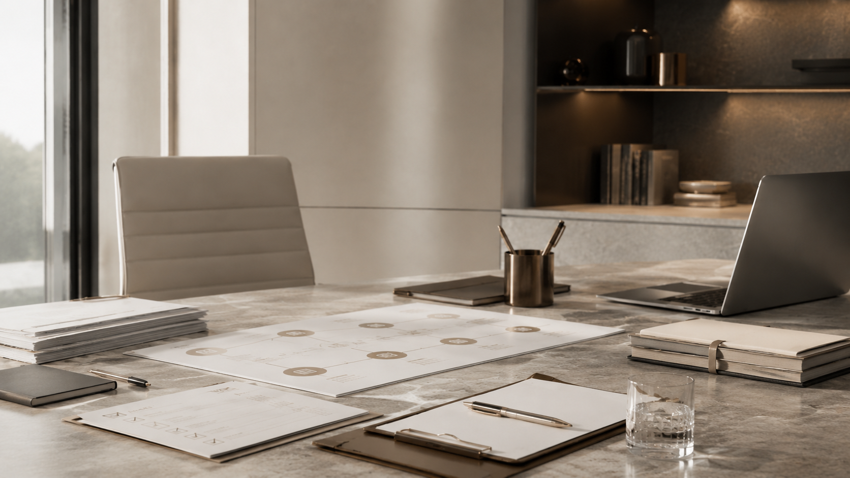 Sala riunioni con roadmap e sintesi esecutive pronta per un confronto manageriale.