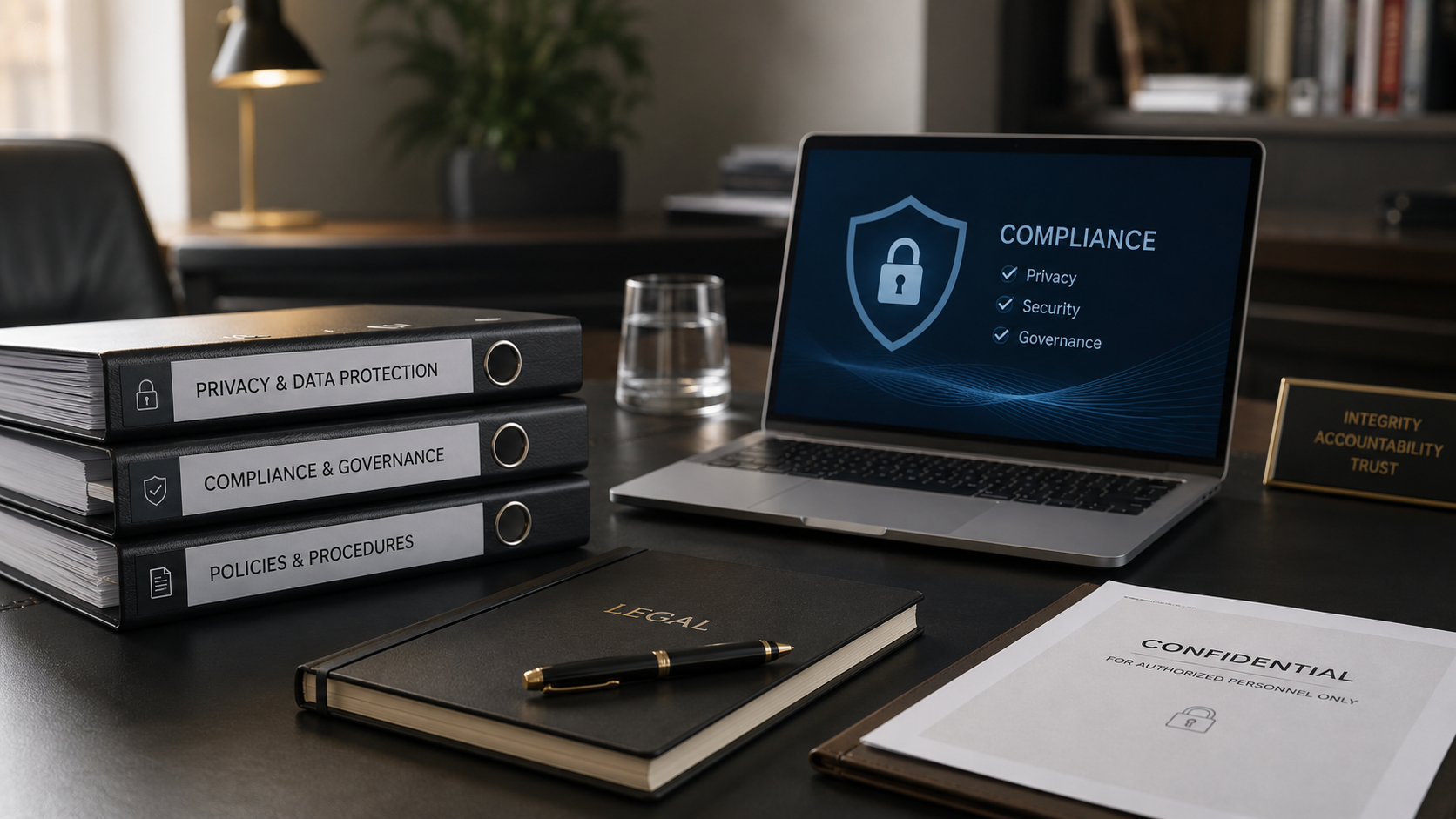Dossier di privacy e governance su una scrivania professionale.