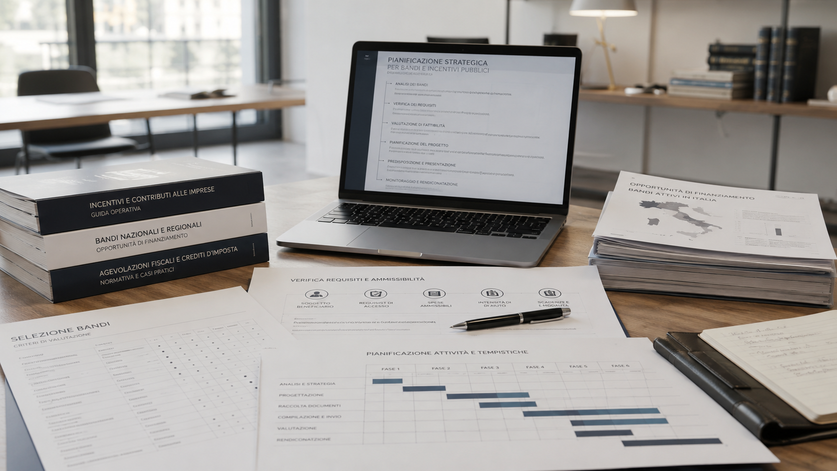 Bandi nazionali, regionali ed europei organizzati su un tavolo con roadmap di progetto.